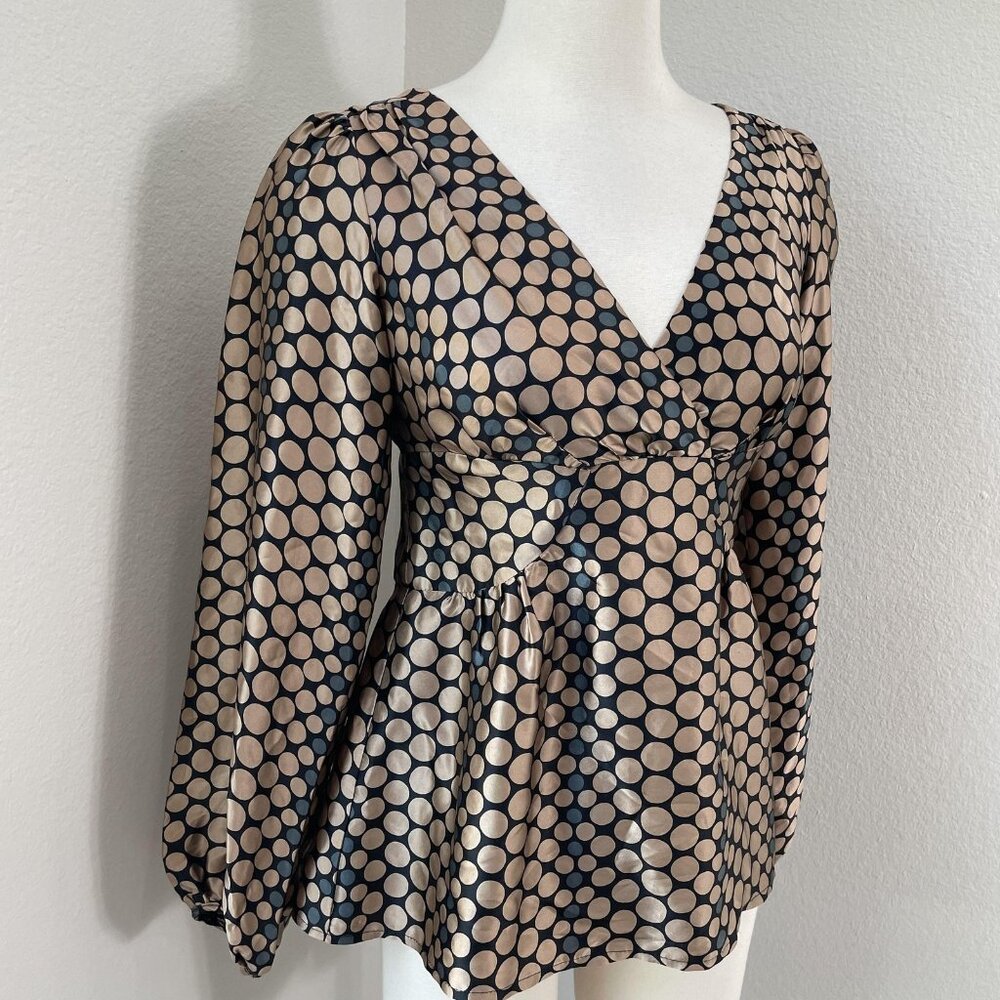 Nanette Lepore Black and Beige Polka Dot Long Sleeve Top - Picture 2 of 13